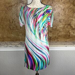 Milly New York‎ Dress Women's 2 Mini Shift Multicolor Silk Swirl Ruched Colorful